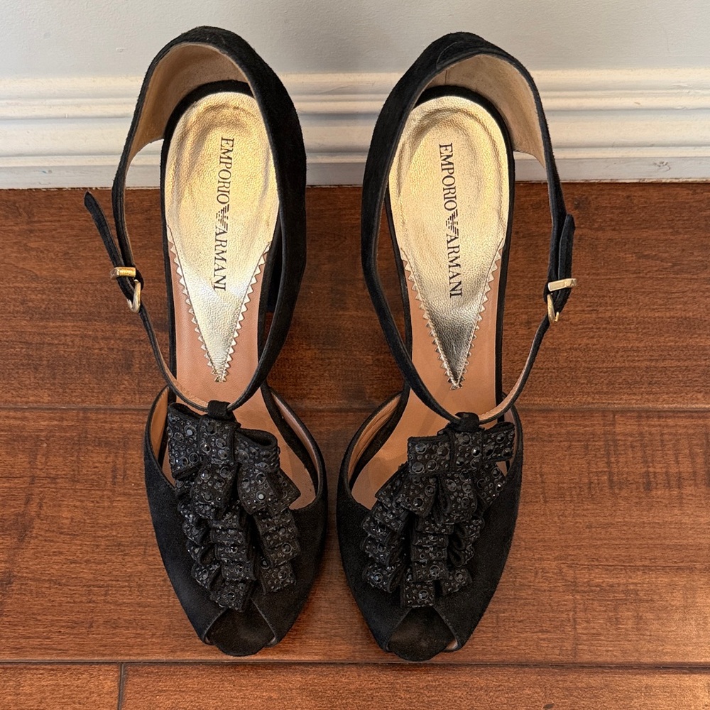 Emporio Armani Black Peep-Toe Heels with Ruffle Accent